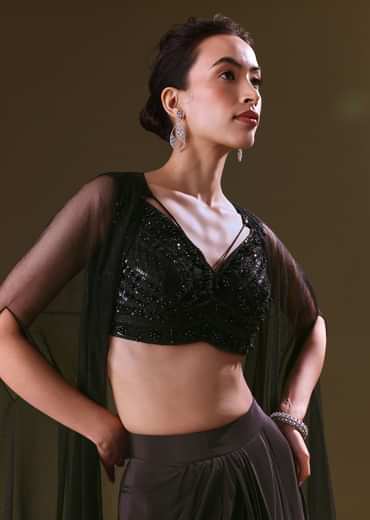 Black Crepe Drape Skirt Choli And Tulle Cape Set