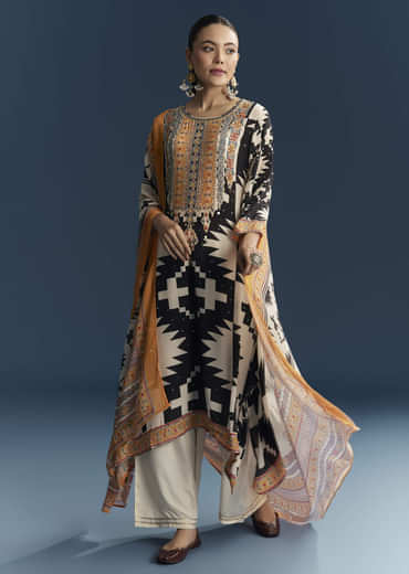 Black Crepe Printed Kurta Set