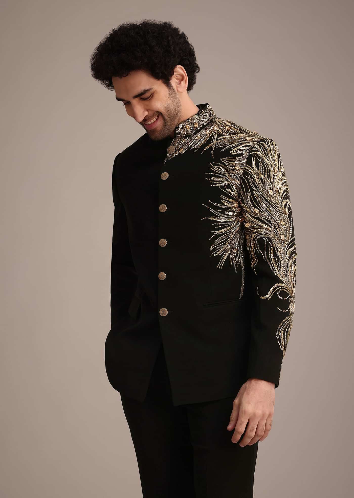Black Crepe Tuxedo Suit With Hand Work