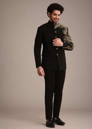 Black Crepe Tuxedo Suit With Hand Work