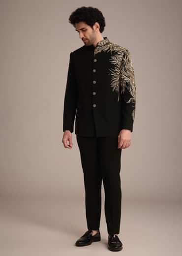 Black Crepe Tuxedo Suit With Hand Work