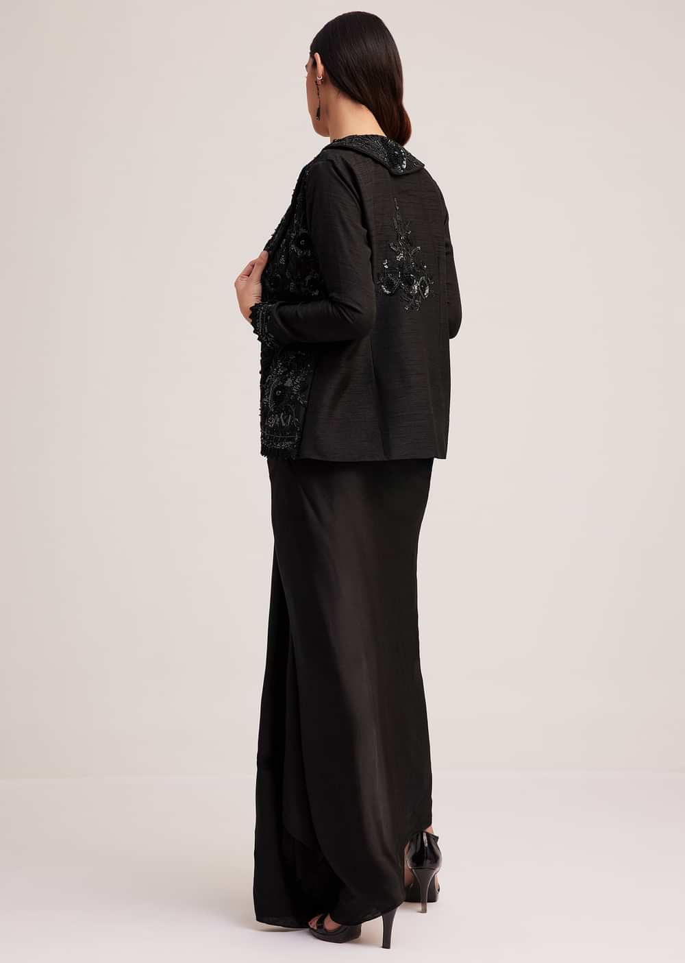 Black Crop Top Skirt And Embellished Jacket Set