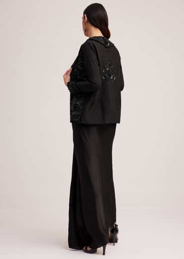 Black Crop Top Skirt And Embellished Jacket Set
