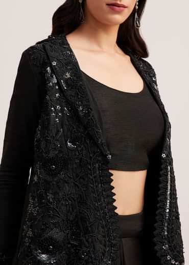 Black Crop Top Skirt And Embellished Jacket Set