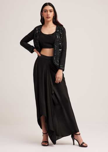 Black Crop Top Skirt And Embellished Jacket Set