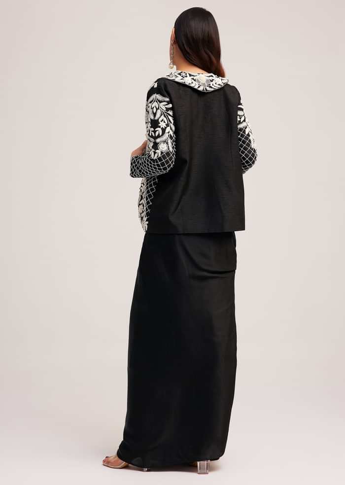 Black Crop Top Skirt And Embroidered Jacket Set