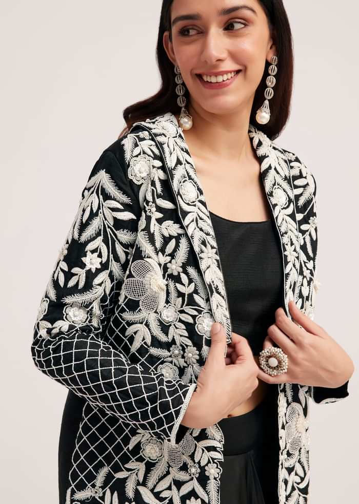 Black Crop Top Skirt And Embroidered Jacket Set