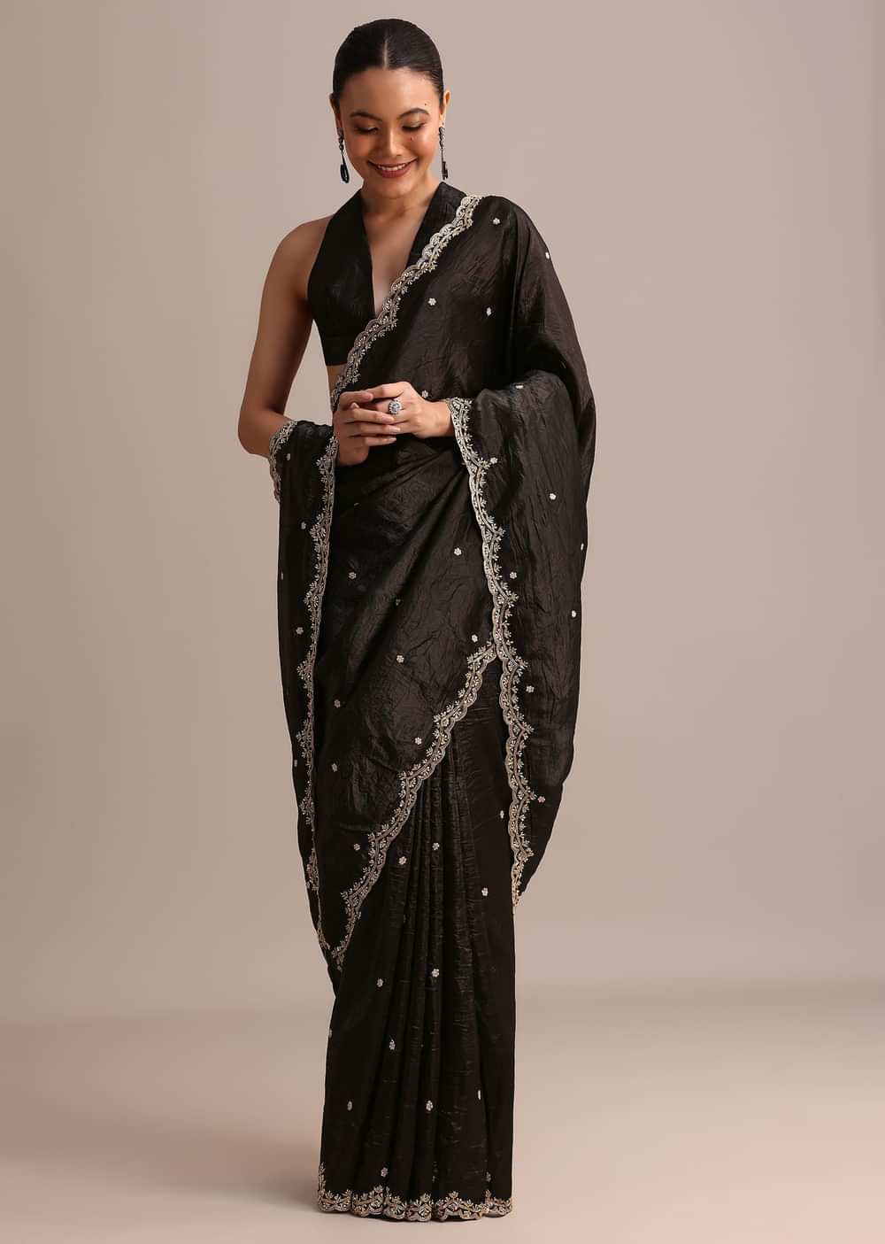 Black Crushed Tissue Saree With Sequin And Cutdana Embroidered Border