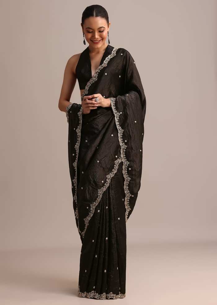 Black Crushed Tissue Saree With Sequin And Cutdana Embroidered Border