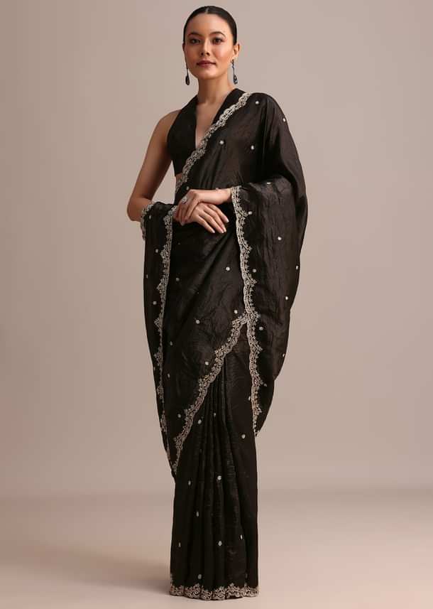 Black Crushed Tissue Saree With Sequin And Cutdana Embroidered Border Black Crushed Tissue Saree With Sequin And Cutdana Embroidered Border