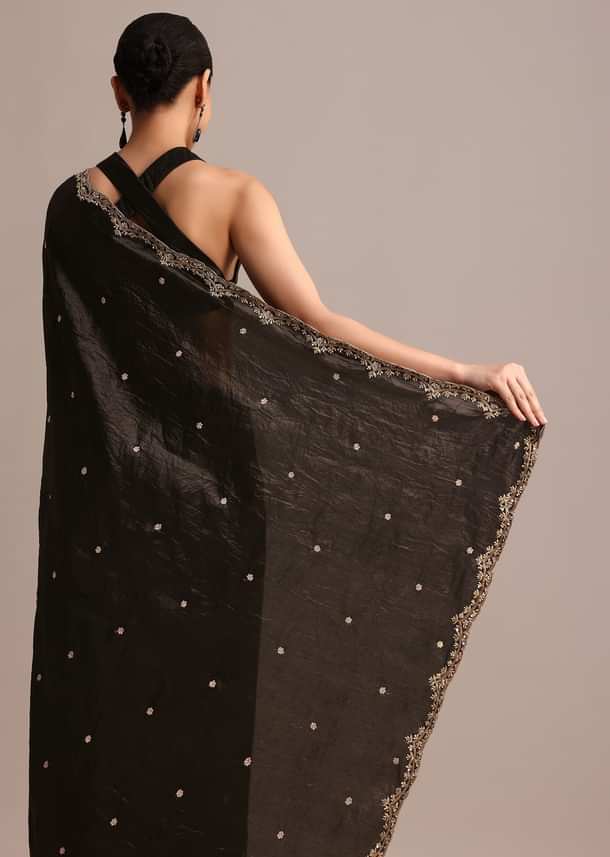 Black Crushed Tissue Saree With Sequin And Cutdana Embroidered Border Black Crushed Tissue Saree With Sequin And Cutdana Embroidered Border