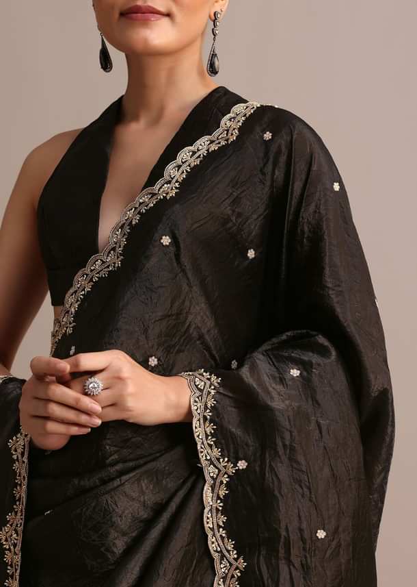 Black Crushed Tissue Saree With Sequin And Cutdana Embroidered Border Black Crushed Tissue Saree With Sequin And Cutdana Embroidered Border