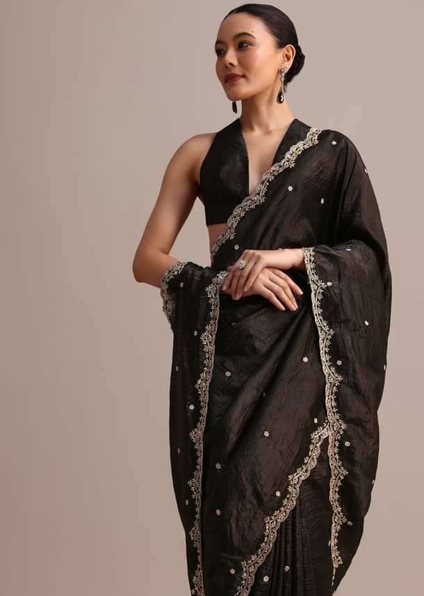 Black Crushed Tissue Saree With Sequin And Cutdana Embroidered Border Black Crushed Tissue Saree With Sequin And Cutdana Embroidered Border