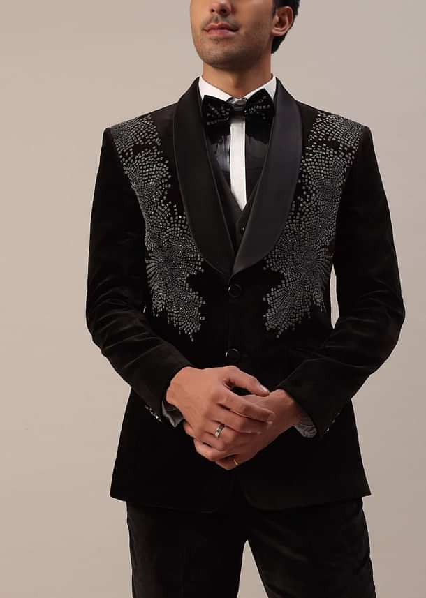 Black Crystal Handwork Tuxedo Set In Velvet Black Crystal Handwork Tuxedo Set In Velvet