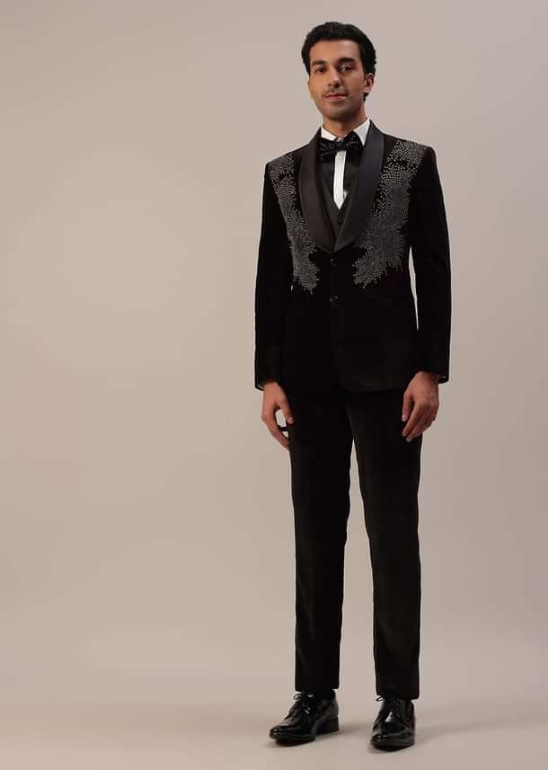 Black Crystal Handwork Tuxedo Set In Velvet Black Crystal Handwork Tuxedo Set In Velvet