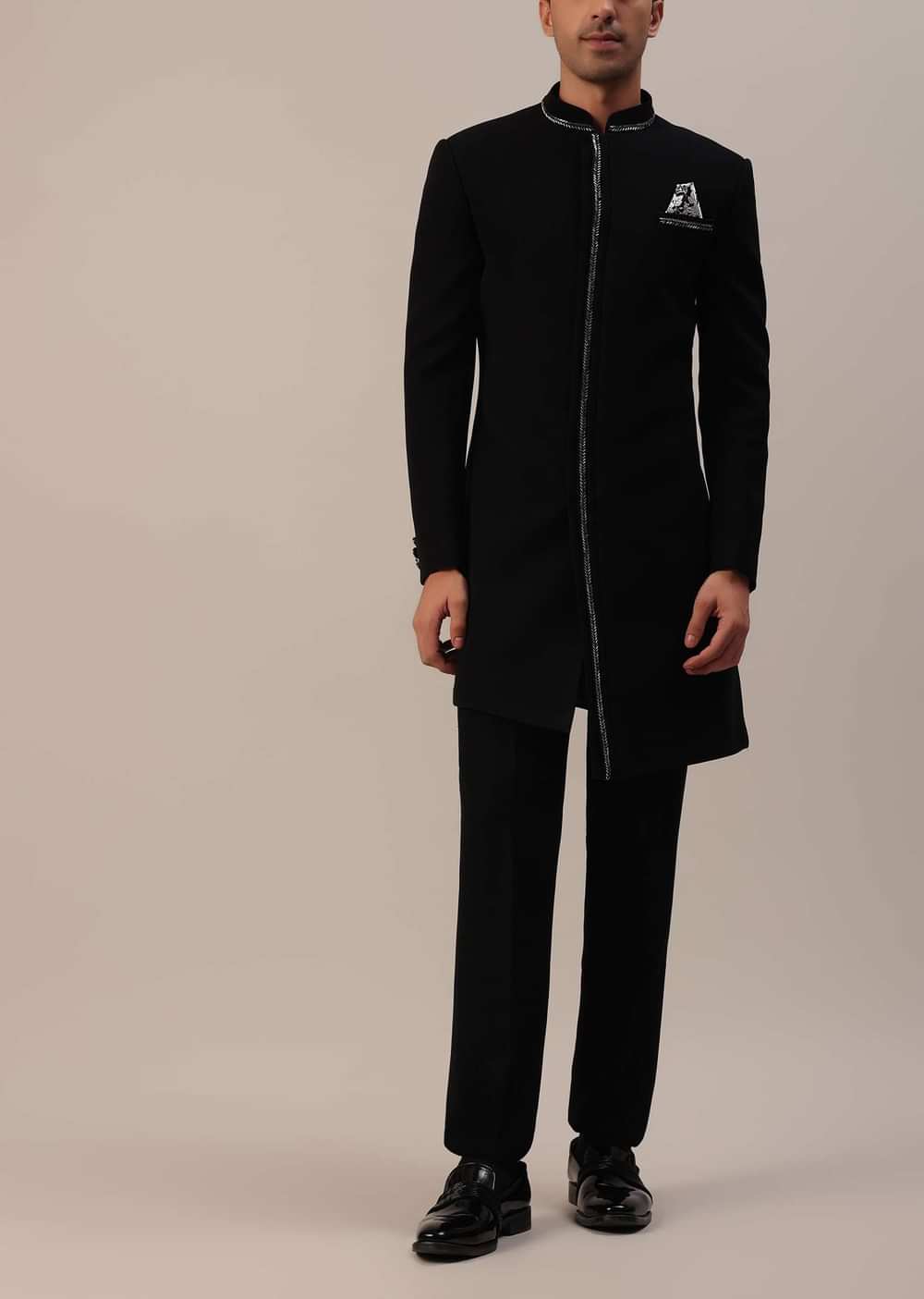 Black Cut Dana Embroidered Indowestern In Suiting Fabric