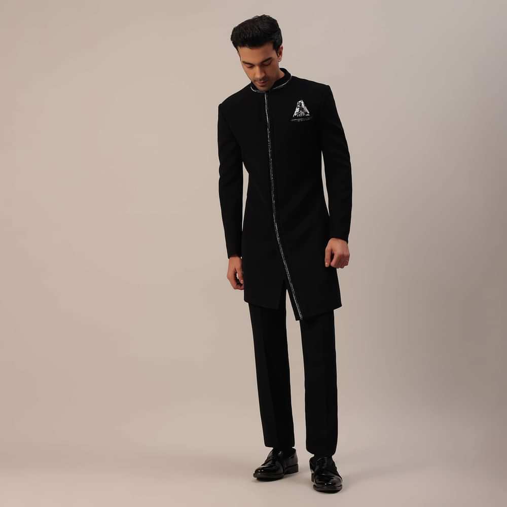 Black Cut Dana Embroidered Indowestern In Suiting Fabric