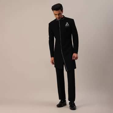 Black Cut Dana Embroidered Indowestern In Suiting Fabric