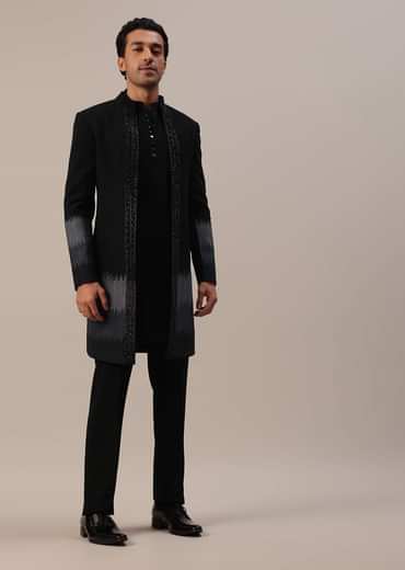 Black Cut Dana Embroidered Indowestern In Suiting Fabric