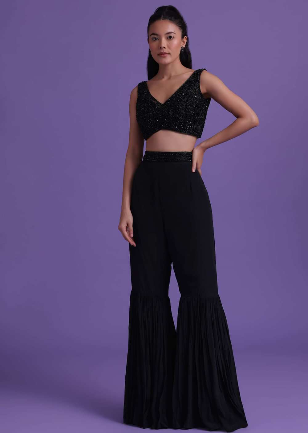 Black Cut Dana Embroidered Sharara And Blouse Set With Shrug in Satin