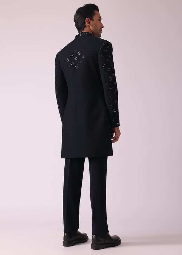 Black Cut Embroidered Indowestern In Suiting Fabric