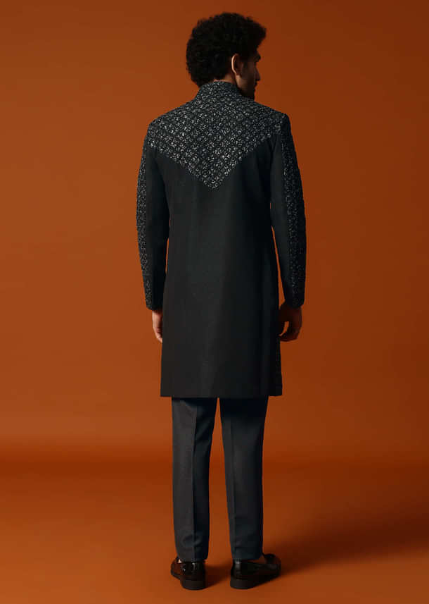 Black Cutdana Embroidered Indowestern Suit For Men Black Cutdana Embroidered Indowestern Suit For Men