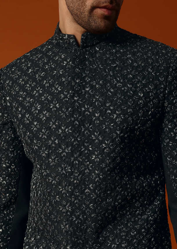 Black Cutdana Embroidered Indowestern Suit For Men Black Cutdana Embroidered Indowestern Suit For Men