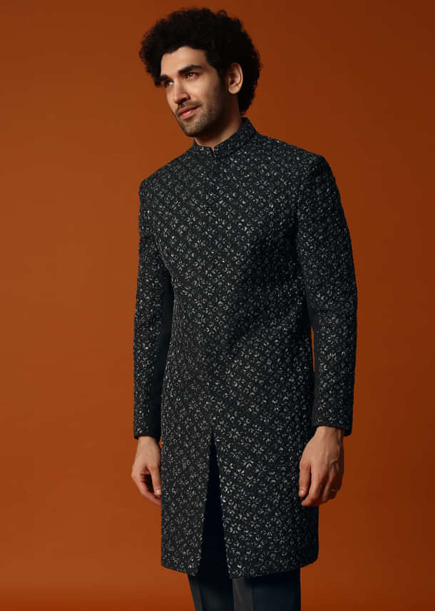 Black Cutdana Embroidered Indowestern Suit For Men Black Cutdana Embroidered Indowestern Suit For Men