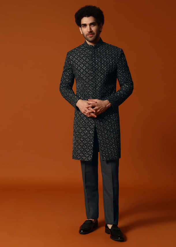 Black Cutdana Embroidered Indowestern Suit For Men Black Cutdana Embroidered Indowestern Suit For Men