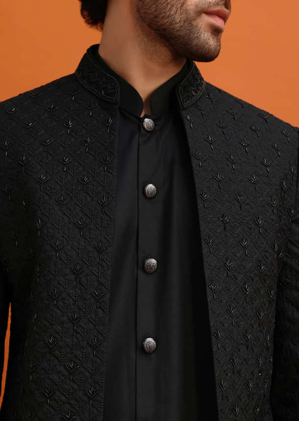 Black Embroidered Sherwani Suit With Cutdana Work