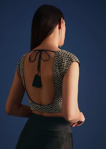 Black Cutdana Work Crop Top With Asymmetric Jacket And Skirt