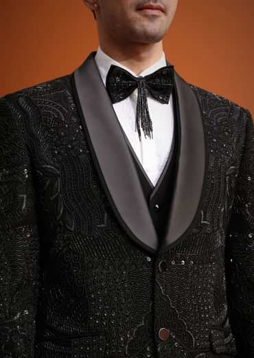 Black Cutwork Stone Embellished Tuxedo Set