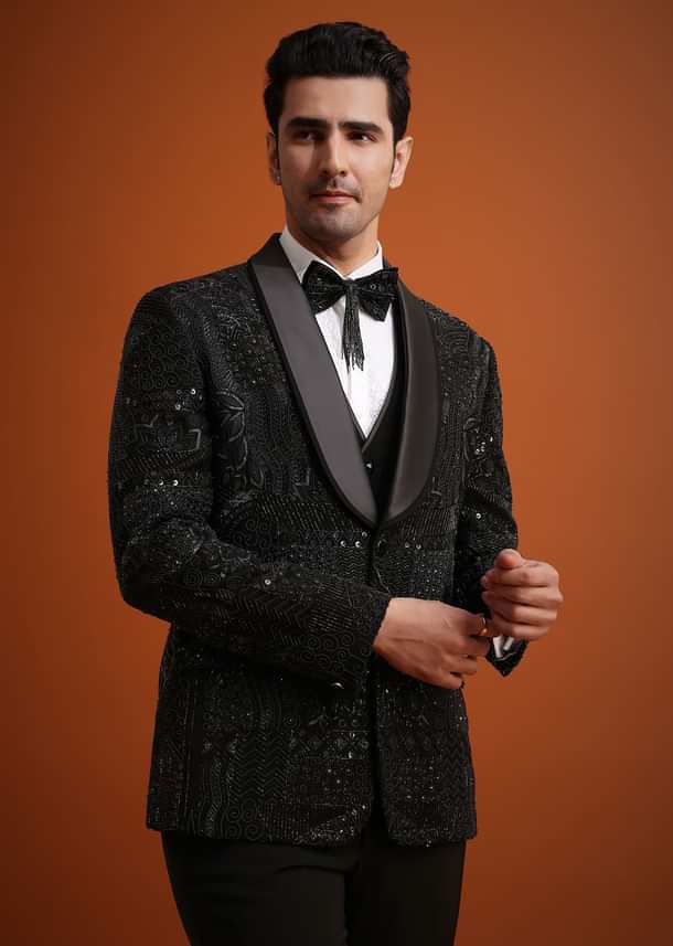 Black Cutwork Stone Embellished Tuxedo Set Black Cutwork Stone Embellished Tuxedo Set