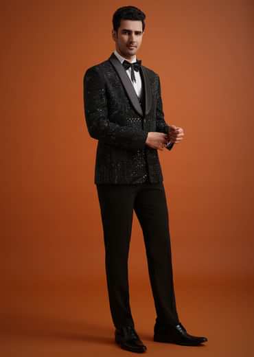 Black Cutwork Stone Embellished Tuxedo Set