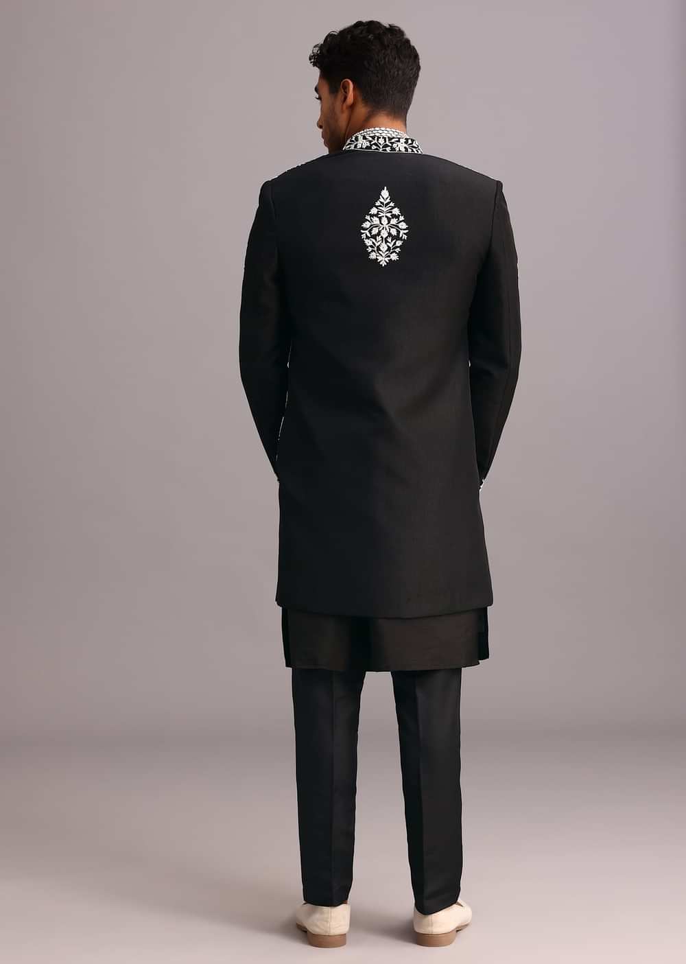 Black Dola Silk Thread Embroidered Sherwani Set