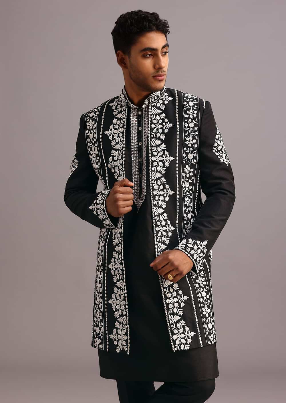 Black Dola Silk Thread Embroidered Sherwani Set