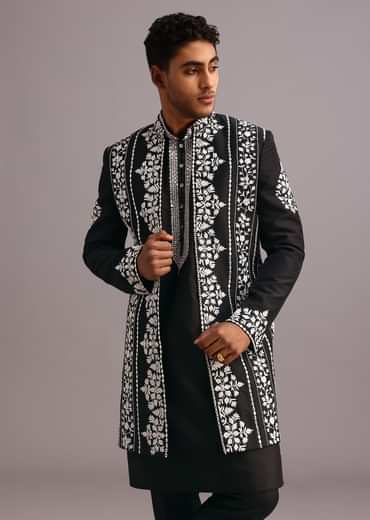 Black Dola Silk Thread Embroidered Sherwani Set
