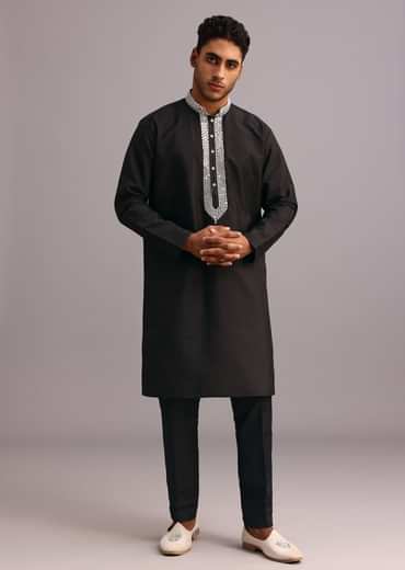 Black Dola Silk Thread Embroidered Sherwani Set
