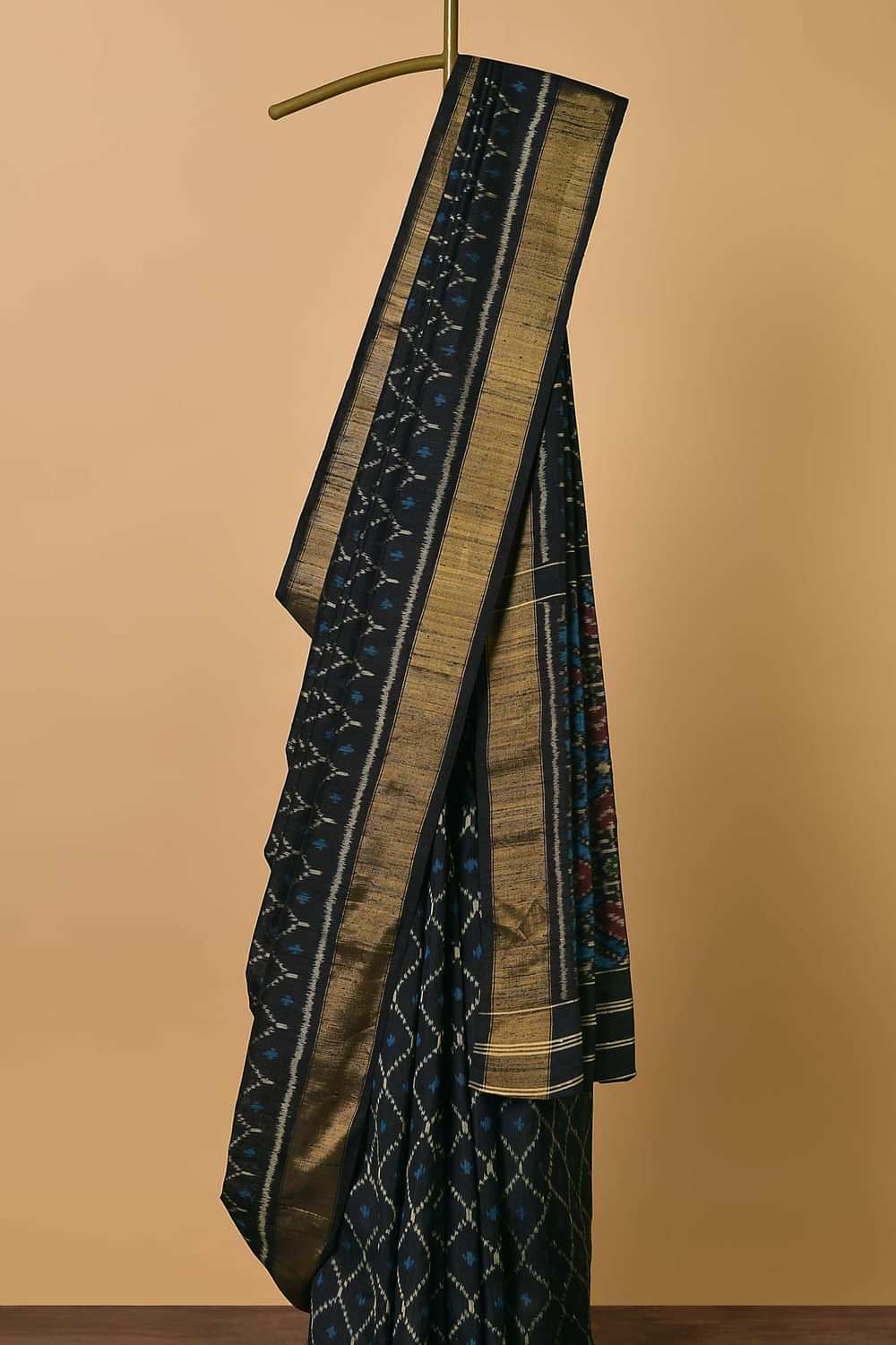 Black Dupion Silk Saree With Ikat Patola Work And Unstitched Blouse Fabric