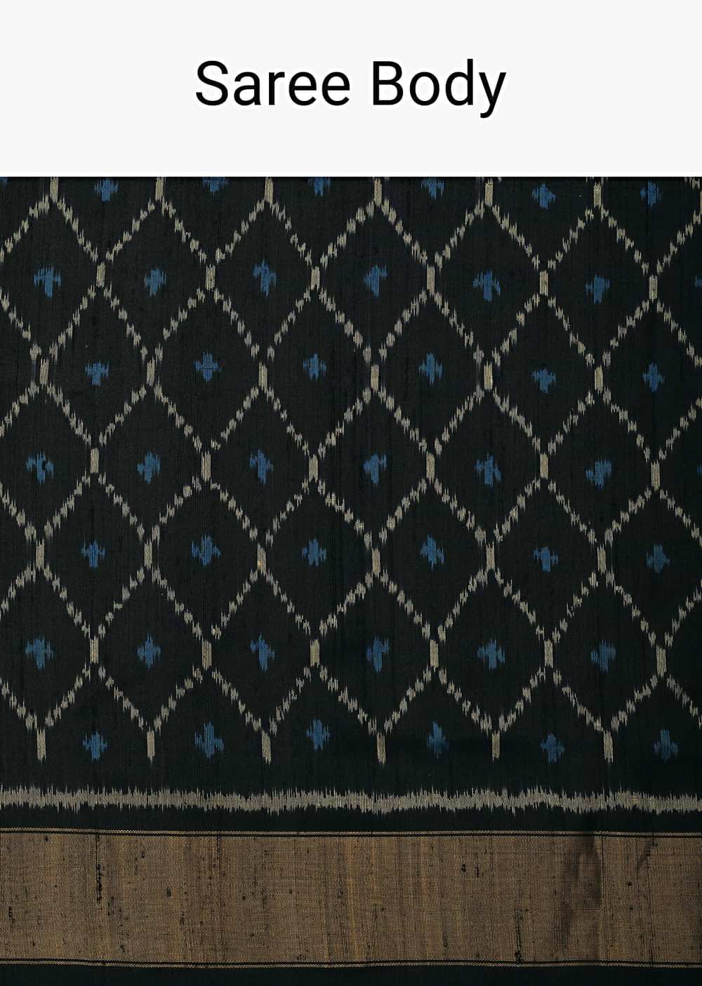 Black Dupion Silk Saree With Ikat Patola Work And Unstitched Blouse Fabric