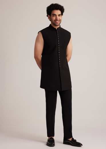 Black Open Jacket Set With Bead Embroidery