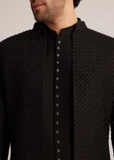 Black Open Jacket Set With Bead Embroidery