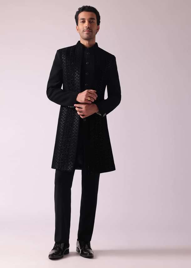 Black Embellished Indowestern In Suiting Fabric Black Embellished Indowestern In Suiting Fabric