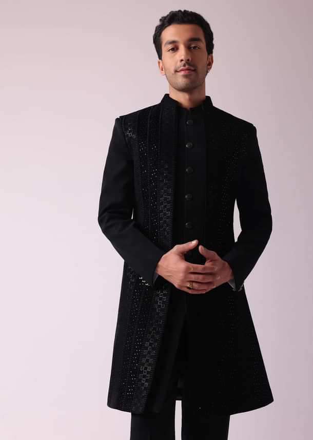 Black Embellished Indowestern In Suiting Fabric Black Embellished Indowestern In Suiting Fabric