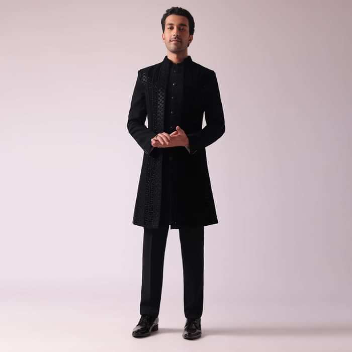 Black Embellished Indowestern In Suiting Fabric