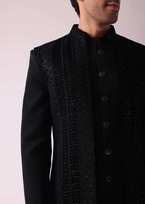 Black Embellished Indowestern In Suiting Fabric Black Embellished Indowestern In Suiting Fabric