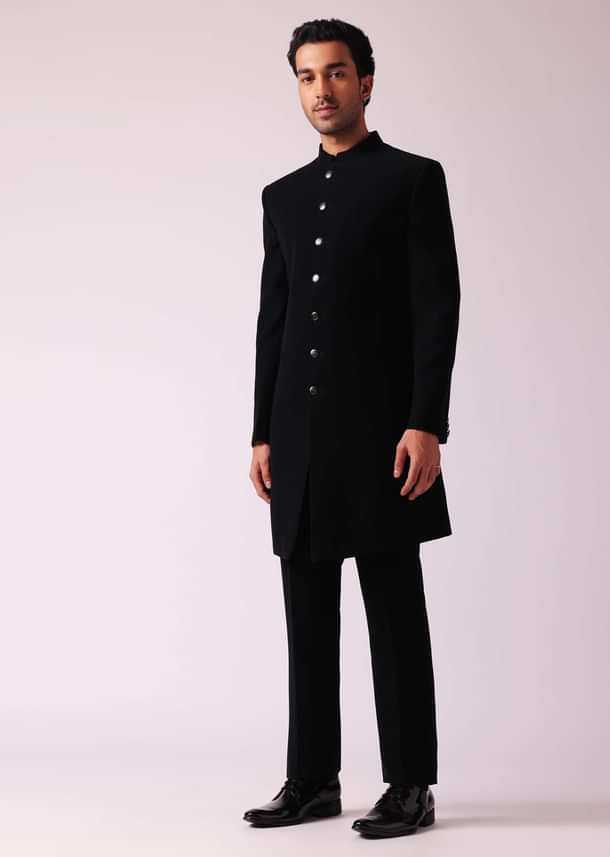 Black Embellished Indowestern In Suiting Fabric Black Embellished Indowestern In Suiting Fabric