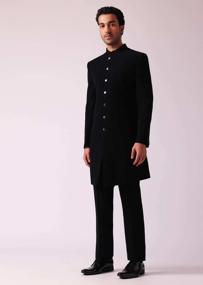 Black Embellished Indowestern In Suiting Fabric