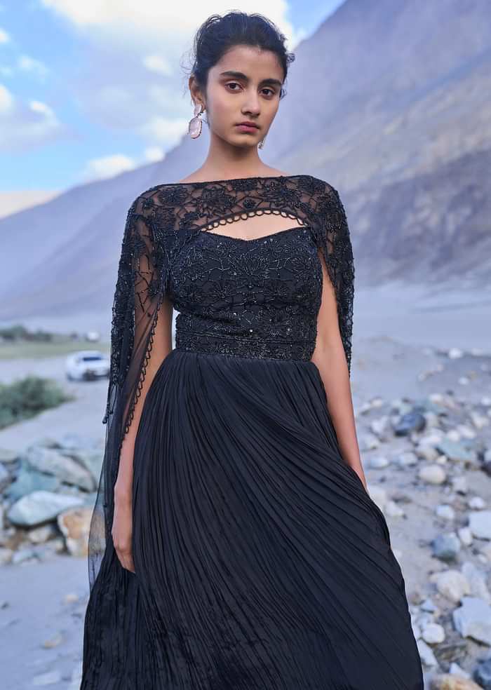 Black Embroidered Crepe Rushed Gown With Cape