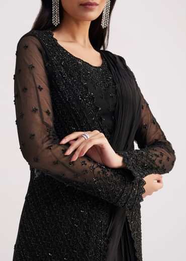 Black Embroidered Draped Skirt Saree With Blouse And Matching Jacket